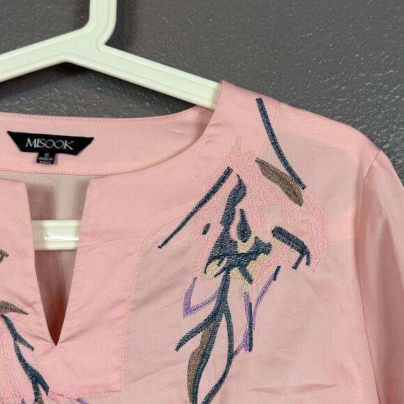 Misook Embroidered Dress Pink Size Small Poplin Drop Waist Floral V Neck - Picture 3 of 7
